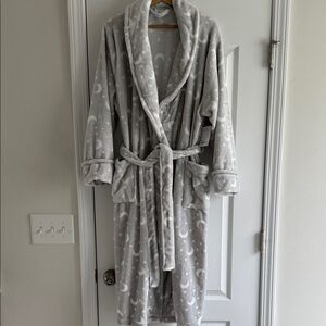 Sonoma Long Plush Women's Robe Grey White Moons Stars L Large NWT NEW